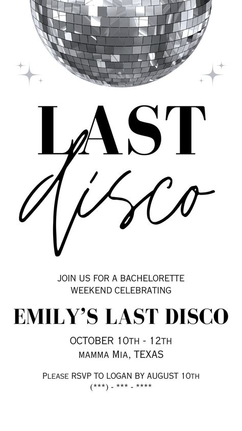 Custom Last Disco Bachelorette Party Invites and Event Details! Disco Theme Party Invitations, Invitation Disco Party Birthday, The Last Disco Bachelorette, Party Ideas Disco, Disco Invitations, Disco Party Invite, Disco Party Invitations, Disco Party Ideas, Disco Ideas