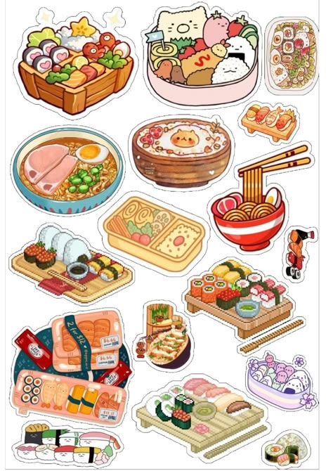 Cute Food Stickers Printable, Anime Food Stickers, Food Stickers Aesthetic, Food Hello Kitty, Sushi Stickers, 귀여운 음식 그림, Doll Drawing, Sticker Design Inspiration, Avocado Dressing