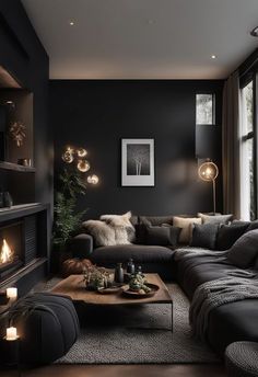 Black And Grey Living Room Ideas, Dark Japandi, Male Living Room, Dark Living Room Decor, Black Sofa Living Room, Stylish Bedroom Ideas, Art Decor Ideas, Minimalist Living Room Ideas, Living Room Minimalist