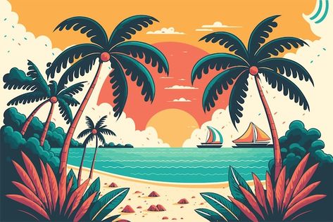 Beach Illustration Wallpaper, Illustration Laptop Wallpaper, Digital Art Programs, Beach Cartoon, Beach Wall Murals, Cartoon Summer, Beach Mural, Window Mural, Short Glass