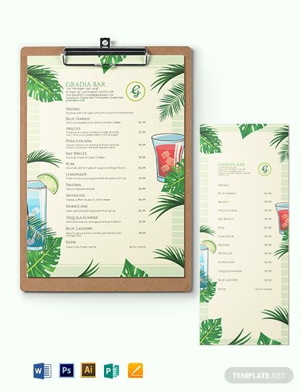 Cocktail Menu Ideas, Summer Menu Design, Drunken Botanist, Tropical Template, Watercolor Drinks, Vodka Mojito, Summer Cocktail Menu, Mojito Bar, Drink Menu Design