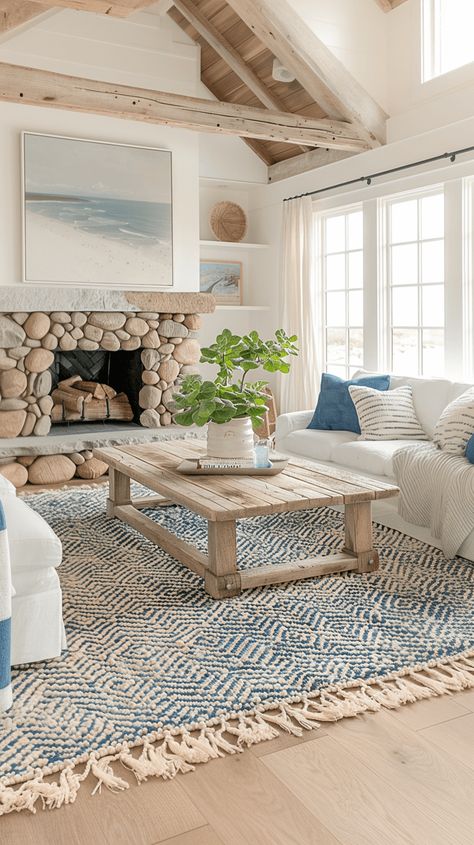 Lake House Fireplace, Coastal Fireplace Ideas, Light And Bright Living Room, Beach House Fireplace, Living Room With Stone Fireplace, Stone Fireplace Ideas, Coastal Home Exterior, Coastal Fireplace, House Fireplace