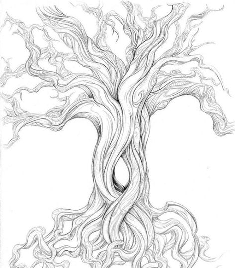 Twisted Tree Painting, Mystical Tree Drawing, Mythical Tree Drawing, Trippy Tree Tattoo, Hollow Tree Drawing, Swirly Tree Drawing, Half Tree Drawing, Twisted Tree Drawing, Two Trees Intertwined