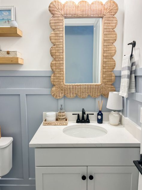 We're sharing our coastal blue bathroom design for our powder bath with links to shop, along with 19 more gorgeous blue bathroom designs you will love to check out! Are you renovating or designing your bathroom? Check out this post for more inspiration! Sherwin Williams Upward Paint, Coastal Blue Bathroom, Sherwin Williams Upward, Blue Bathroom Design, Coastal Blue Paint, Coastal Powder Room, Blue Bathrooms Designs, Blue Paint Color, Beach House Bathroom