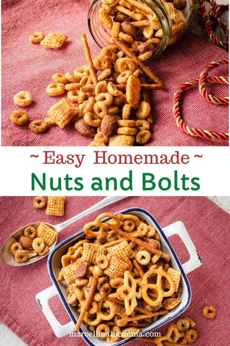 Homemade Nuts and Bolts are a flavorsome and crunchy snack that is excellent enjoyed with a cold beverage or simply by the handful when you feel like something savory. #NutsAndBolts #NutsAndBoltsRecipe #ChexSnackMix Slow Cooker Nuts And Bolts, Classic Nuts And Bolts Recipe, Nuts & Bolts Recipe, Easy Nuts And Bolts Recipe, Homemade Nuts And Bolts Recipes, Recipe For Nuts And Bolts, Nuts And Bolts Recipe, Savory Butter, Chex Snack Mix