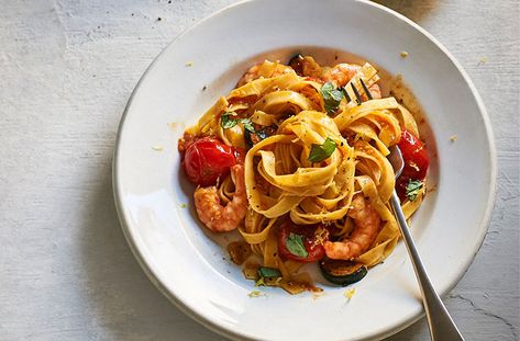 Tagliatelle With Cherry Tomatoes, Courgettes And Prawns Recipe | Waitrose & Partners Seafood Linguine, Prawn Pasta, Prawns Recipe, Prawn Recipes, Shellfish Recipes, Cherry Tomato, Linguine, Lemon Zest, Healthy Alternatives