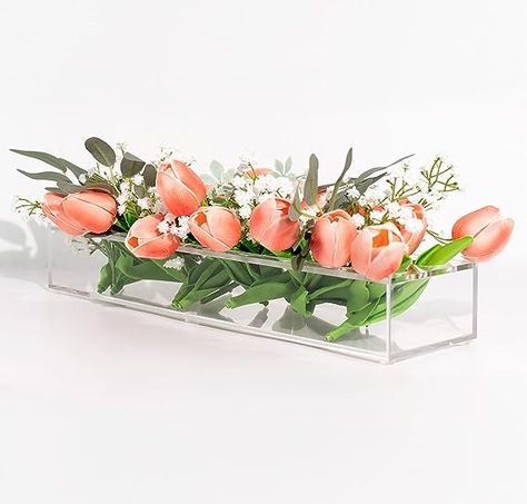 Stunning Rectangular Clear Acrylic Vase by PETALSERENITY - Elegant 15.7 Inches Long Rectangle Vase with 18 Holes - Ideal for Home Decor, Weddings, and Centerpieces - 1pc *MAKE SURE TO USE THE COUPON FOR $2 OFF* Rectangular Vases Flower Arrangements, Long Rectangle Vase Flower Arrangement, Rectangle Flower Vase, Rectangle Glass Vase Flower Arrangement, Acrylic Flower Vase Rectangular, Rectangle Vase, Acrylic Vase, Long Flowers, Clear Vases