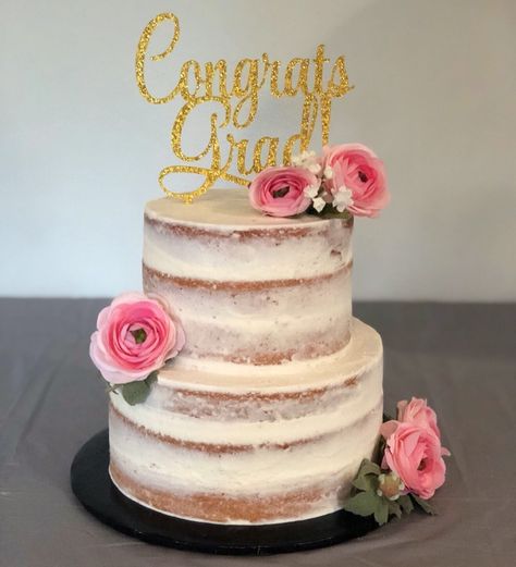 Graduation Cakes With Flowers, Floral Graduation Cakes, Rustic Graduation Cake, Boho Graduation Cake, Pink Grad Cake, Naked Cake Birthday, Grad Party Cake, Prom Cake, Simple Graduation Cakes