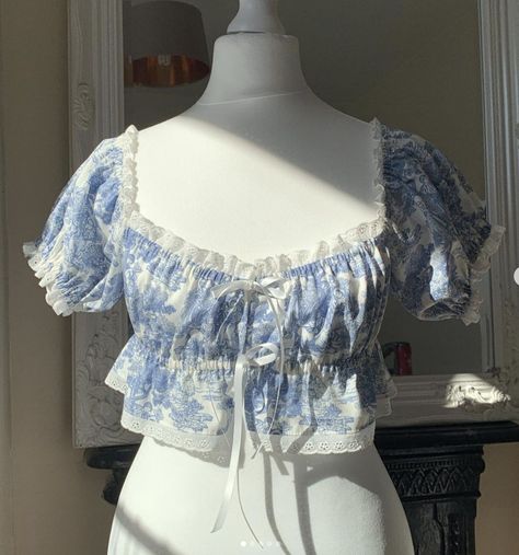 Cottagecore Tops, Blue Cottagecore, Cutesy Outfit, Top Puff Sleeve, Porcelain Print, Blue Toile, Cottagecore Coquette, Cotton Crop Top, Cherry Print