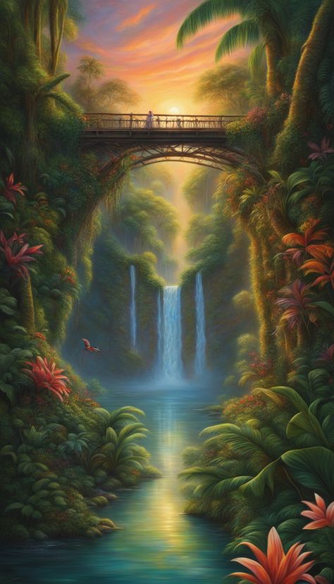 Tropical Waterfall Painting, Art Fantasy Landscape, Fantasy Waterfall, Waterfall Mountain, Landscape Wallpapers, Sunrise Wallpaper, Waterfall Scenery, Waterfall Paintings, New Photos Hd