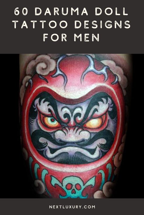 A Daruma doll is a round, hollow Japanese doll that is a traditional talisman for good luck. Japanese tattoos are increasingly popular and we can see why! They are bold, unique, beautiful and bear a whole lot of symbolism.In Japanese culture, the Daruma doll is a symbol of perseverance, good luck and is used as a gift of encouragement.#nextluxury #tattooideas #tattoodesigns Shogun Tattoo, Tattoo Daruma, Daruma Doll Tattoo, Doll Tattoo, Japan Tattoo Design, Tattoo Henna, Daruma Doll, Fu Dog, Oni Mask