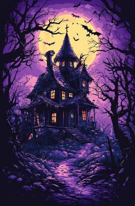 Haunted house in the wood architecture halloween purple. | free image by rawpixel.com / Pitcha Benrohman Purple Scenery, Halloween Forest, Spooky Forest, Bat Flying, Halloween Purple, Witch Garden, Wood Architecture, Purple Halloween, Forest Path