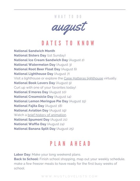 What to Do in August - Must Love Lists Fun Holidays To Celebrate, February List, August Activities, Monthly List, Monthly Ideas, Neighborhood Activities, National Sisters Day, Crayon Days, National Watermelon Day