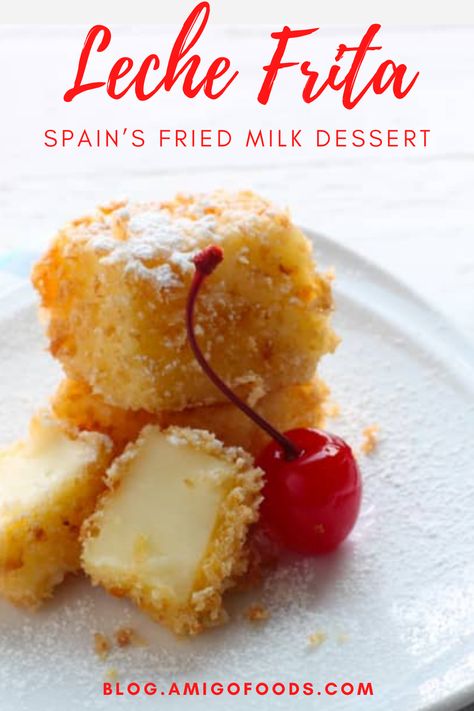 Leche Frita is a unique dessert that is popular in northern Spain. It is a relatively simple dessert that consists of milk, flour, and sugar topped with a glaze or powder. Where did it come from and how do you make it? #spanishfood #spain #dessert #lechefrita #amigofoods Spain Dessert, Spain Recipes, Exotic Desserts, Ice Cream Sundae Recipe, Spanish Dessert, Spanish Cooking, Fried Milk, Nut Dessert, Sundae Recipes