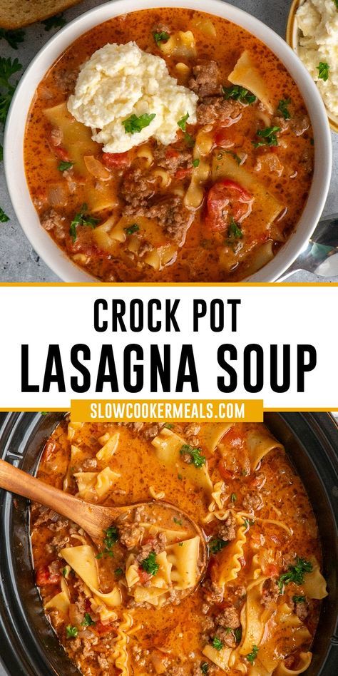 Enjoy this twist on traditional lasagna with this easy Crockpot Lasagna Soup recipe! This soup is filled with Italian sausage, ground beef, and a savory tomato broth, all cooked quickly in your slow cooker. Finish it off with a creamy homemade ricotta cheese topping for a meal that'll have you coming back for seconds! Lasagna Soup In Crockpot, Crockpot Lasagna With Ricotta, Easy Crockpot Lasagna Soup, Crockpot Lasagna Soup Recipe, Wife Recipes, Crockpot Lasagna Easy, Slow Cooker Lasagna Soup, Lasagna Soup Crockpot, Easy Lasagna Soup