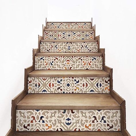 Amazon.com: AMAZING WALL Talavera Spanish Bohemian Tiles Style Stairs Self Adhesive Decoration Wall Sticker Set 6pcs : Tools & Home Improvement Spanish Bohemian, Vinyl Stair Risers, Stair Riser Vinyl, Bohemian Tiles, Vinyl Stairs, Stair Decals, Stairs Renovation, Decorating With Sticks, Peel And Stick Tiles