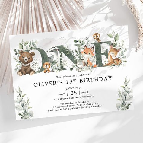 Woodland Animal Birthday, Hannah Grace, Forest Birthday, Winter Onederland Birthday, 1st Birthday Party Invitations, Birthday Themes For Boys, Soft Watercolor, Woodland Baby Shower Invitations, Modern Lettering