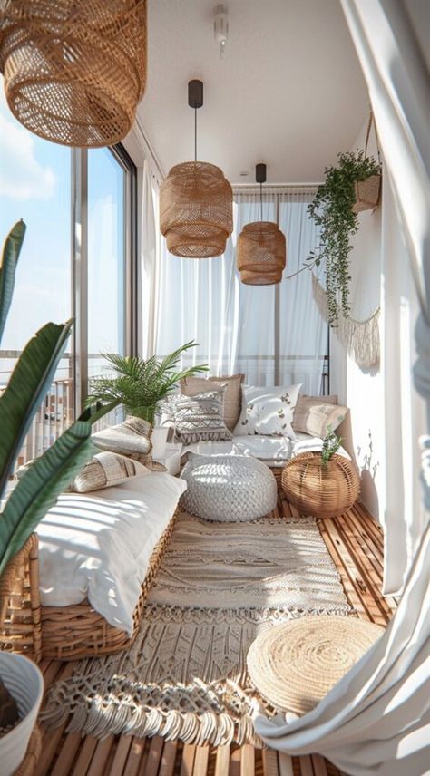 Small Balcony Furniture Ideas, Bohemian Balcony Ideas, Boho Patio Ideas Outdoor Spaces, Boho Studio Apartment Ideas, Bohemian Balcony, Balcony Couch, Balcony Aesthetic, Bedroom Ideas For Teens, Home Makeover Ideas