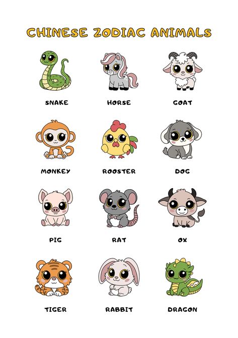 Use this customizable Colorful Fun Illustrated Chinese Zodiac Animals Poster template and find more professional designs from Canva. #red #yellow #green #snake #dragon # rooster #tiger #pig #monkey #ox #goat #horse #dog #rabbit #animal #poster #sign #horoscope #cartoon #colorful #doodle #fun #newyear #new #year #zodiac #chinese #kids #playful #holiday #celebrate #personal #personalize #canva #template #kawaii Chinese New Year Zodiac Animals For Kids, Chinese Zodiac Signs Dragon, Kawaii Tiger, Chinese Zodiac Animals, Zodiac Chinese, Chinese New Year Zodiac, Animals Poster, Dragon Zodiac, Snake Dragon