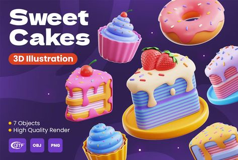 Sweet Cakes 3D Illustrations Cake Animation, Candy 3d Art, 3d Cartoon Cake, 3d Cartoon Cake Design, Cake 3d Illustration, Cake 3d Icon, Puding Cake, Cake Vector Illustration, 3d Cube