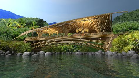 Bamboo Bridge structure for this Phuket restaurant. Phuket Restaurant, Bridge Restaurant, Bamboo Restaurant, Bamboo Bridge, Arch Inspiration, Bridge Structure, Bamboo Structure, Bridge Design, Island Resort