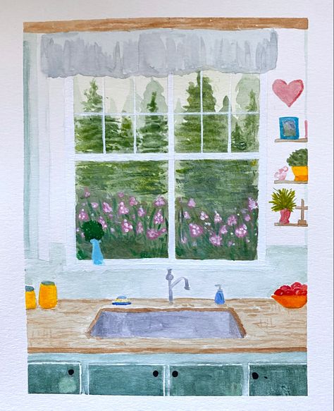 Kitchen With A Window, Watercolor Doodles, Window Illustration, Watercolor And Acrylic, Window Drawing, Inspiration Painting, Watercolor Sunset, Watercolor Paintings Easy, Evergreen Trees