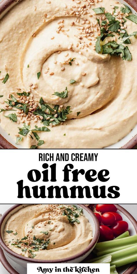 Oil-free hummus with tahini is fluffy, smooth and creamy. It's a delicious dip that's perfect for snacking, as a spread on sandwiches or served as a healthy appetizer. This recipe is naturally vegan and ready to enjoy in less than 10 minutes! Low Calorie Hummus Recipe, Oil Free Hummus Recipe, Hummus With Tahini, Vegan Hummus Recipe, Curry Hummus, 200 Calorie Snacks, Starch Solution Recipes, Easy Hummus Recipe, Creamy Hummus