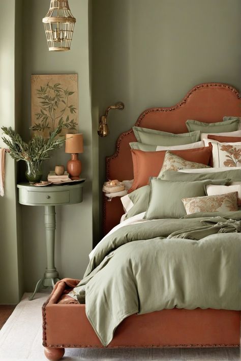 Can I Peek Behind Closed Doors? Sage Green and Terra Cotta Delights in the Bedroom [2024] #Ad #homedecor #homedesign #fixhome #Painthome #interiorarchitecture Olive Green And Terracotta Bedding, Terracotta And Green Bedding, Sage Walls Bedroom, Sage Green And Terracotta Bedding, Green And Burnt Orange Bedroom, Sage And Rust Bedroom, Rust And Green Bedroom, Sage Green And Burnt Orange Bed Sheets, Green Wall Terracotta Bedding