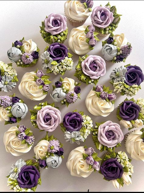 White Cupcake Bouquet, Purple Rose Cupcakes, Purple Buttercream Flowers, Purple Floral Cupcakes, Purple Flower Cupcakes, Super Bowl Cupcakes, Petal Cupcakes, At Home Bakery, Midsummers Night