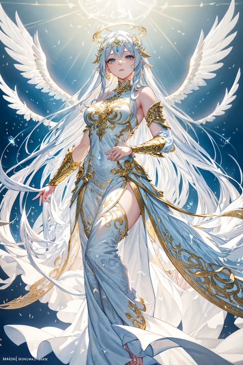 "Ascend into serenity with this ethereal digital painting of an angel adorned in white and gold, her sapphire eyes radiating peace. Discover the divine elegance of translucent wings, intricate patterns, and a celestial glow that promises a touch of heaven. Illuminate your world with her unfading radiance." Anime Angel Female, Blonde Angel Art, Winged Goddess Art, Anime Goddess, Angel Fanart, Angelic Woman Art, Fox Anime, Angel Warrior Female Goddesses, Angelic Art