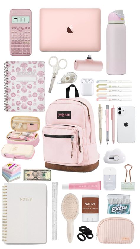 tags: pink school back to school backpack inspo aesthetic cute bag school emergency kit College Backpack Essentials, Middle School Essentials, School Emergency Kit, School Wishlist, School Backpack Essentials, Preppy School Supplies, Pretty School Supplies, Back To School Backpack, School Bag Essentials