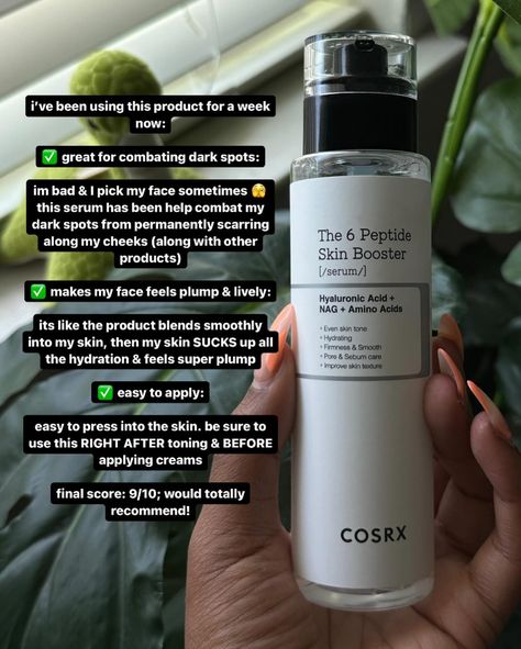 LET’S TRY @cosrx’s 6 Peptide Skin Booster! 🫧 swipe for my thoughts & review after a week of using this serum to even out my skin tone! 👉🏽 thanks to @influenster & @cosrx for the #complimentary gift! 🫶🏽 #skincare #cosrx #preppair #6peptide #cosrxpeptideserum Cosrx 6 Peptide Skin Booster, Skin Booster, Peptide Serum, Improve Skin Texture, My Thoughts, My Skin, Even Skin Tone, Amino Acids, Elegant Woman