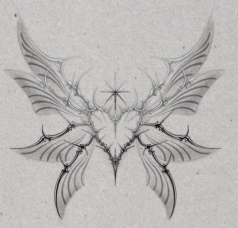 Dark Angel Wings Drawing, Wings Tattoo Back Woman, Wings Cybersigilism, Cybergilism Tattoo, Heart Wings Tattoo, Angel Wings Chest Tattoo, Hairline Tattoos, Wing Tattoos On Back, Inner Bicep Tattoo