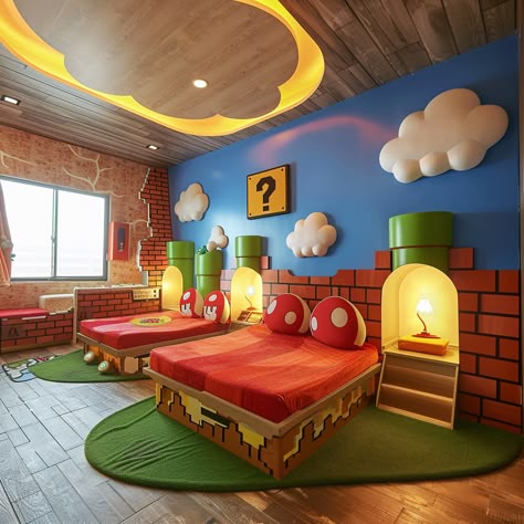 Mario Theme Room, Game Theme Bedroom, Super Mario Room Ideas Boys, Mario Bedroom Decor, Super Mario Bedroom Ideas, Mario Bedroom Ideas Boys, Mario Room Ideas Boys, Mario Themed Bedroom, Super Mario Bedroom