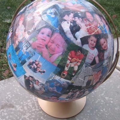 Tissue Photo Globe! This is a little challenging.  If you don't want to print on tissue paper, just do it on regular paper.  Still works!  Globe: You probably have one in your basement or you can pick one up at pretty much every yard sale!: $3  Gesso at any craft store: $5  Tissue paper at dollar store:$2...buy two  Total: $10 Old Globe, Family Collage, Birthday Week, A Globe, Photo Craft, Diy Birthday, Cute Ideas, Birthday Gift Ideas, Crafty Stuff