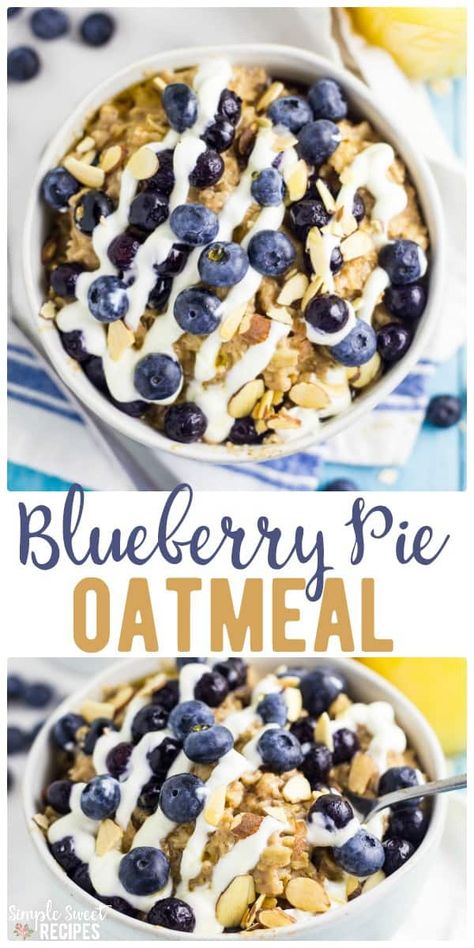 Blueberry pie oatmeal - a yummy, fast, easy and filling breakfast recipe! With filling oatmeal and creamy greek yogurt as a base you can make this recipe in just minutes! #breakfast #oatmeal #blueberry #blueberrypie #blueberryoatmeal #easybreakfast #easyrecipes #recipe #breakfastrecipes Fancy Brunch Ideas, Simple Sweet Recipes, Filling Breakfast Recipes, Easy Blueberry Pie, Fancy Brunch, Creamy Yogurt, Coconut Bread, Blueberry Oatmeal, Vegetarian Breakfast Recipes