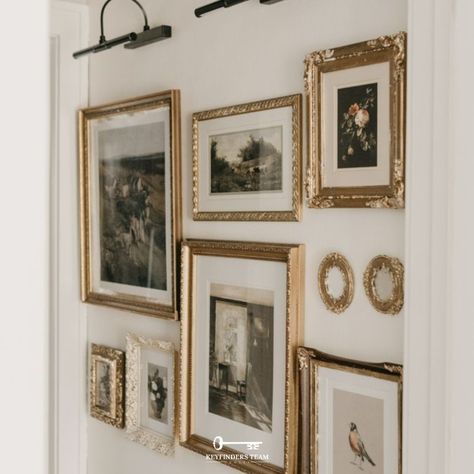 Just a little gallery wall inspiration for your feed today! How do you feel about gallery walls in the home? Our take on it: we LOVE them!! They can add such a personal and sleek look to a home. Would you put a gallery wall in your home? If so, where? Comment your answer(s) below! Gallery Wall Large And Small Frames, Art Wall Vintage, Gallery Wall Bedroom Master Family Photos, Vintage Wall Frames, Antique Gold Frame Gallery Wall, Gallery Wall High Ceiling, Antique Picture Wall, Gallery Wall Wedding Pictures, Gold Frame Gallery Wall Bedroom