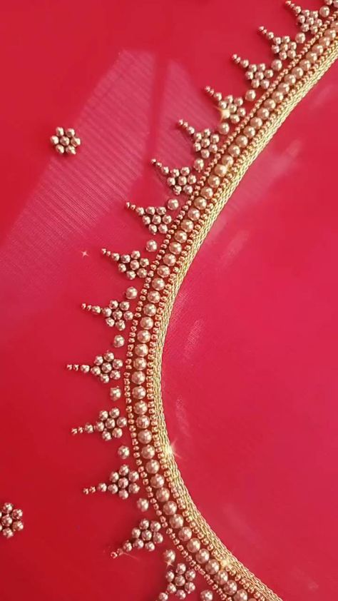 Aari Blouse Design Simple, Simple Beads Works On Blouse, Simple Elegant Aari Work, Simple Blouse Designs Aari Work, Aari Bead Work Designs, Beads Work On Blouse Simple, Back Neck Aari Designs For Blouses, Blouse Hand Work Designs Simple, Aari Work Neck Design For Blouse