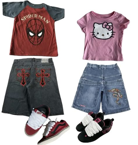 Spiderman T Shirt Outfit, Y2k Matching Outfits, Spiderman Outfit Ideas, Spider Man Outfits, Spiderman Inspired Outfit, Matching Couple Outfits Aesthetic, Hello Kitty And Spiderman, Matching Outfits For Couples, Hello Kitty Outfit