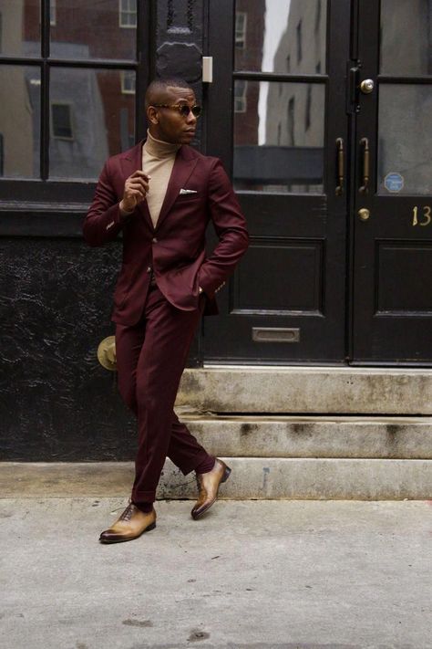 Turtleneck Outfit Men, Turtleneck Suit, Maroon Suit, Prom Suits For Men, Turtleneck Outfit, Burgundy Suit, Men In Black, Tie Shirt, Prom Suits