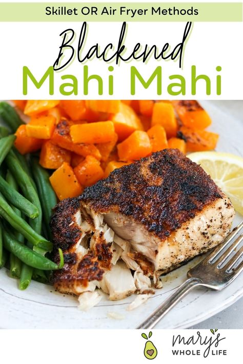 An easy, elevated fish dinner that’s easy enough for a weeknight, but feels like a fancy, dine-out meal! This blackened Mahi Mahi is coated in a homemade Cajun blackened seasoning, and air fried to perfectly tender, buttery fish in no time. From start to finish you’ll have this delicious white fish on your table in under 15 minutes! Air Fryer Mahi Mahi Recipes, Air Fryer Mahi Mahi, Pescatarian Dishes, Blackened Mahi Mahi, Air Fried Fish, Best Turkey Burgers, Mahi Mahi Recipes, Homemade Cajun Seasoning, Cholesterol Recipes