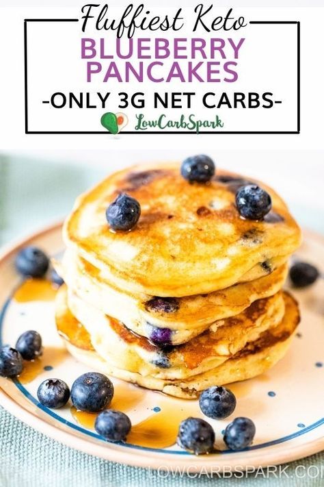 These Keto Blueberry Pancakes are thick, fluffy, and made with almond flour. Bursting with juicy blueberries, these low-carb pancakes are delicious with butter and sugar-free maple syrup. If you're on a keto diet and want pancakes, these light, flourless pancakes are perfect. They have less than 3g net carbs and are guilt-free! They are super fluffy, high in fiber, and you can use coconut flour if you have a nut allergy. Keto Blueberry Pancakes, Best Keto Pancakes, Quick Keto Breakfast, Blueberry Pancakes Recipe, Keto Blueberry, Low Carb Pancakes, Keto Pancakes, Keto Diet Food List, Low Carb Breakfast Recipes