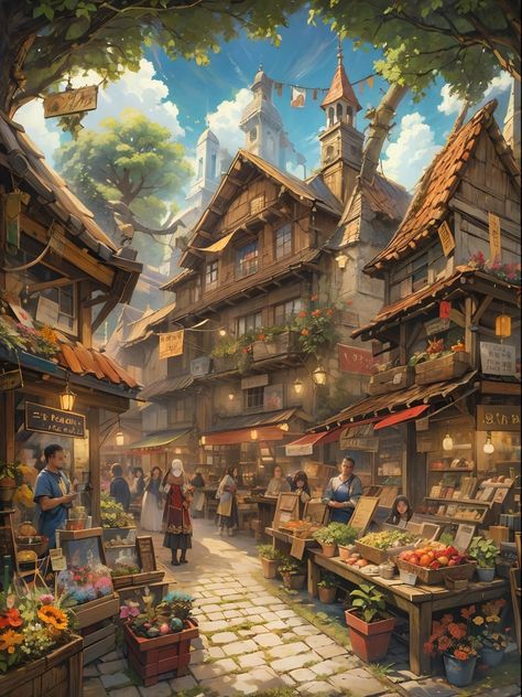 Fantasy Marketplace, Market Concept Art, Fantasy Market, Medieval Market, Fantasy Town, City Layout, Location Inspiration, Frog Art, Classic Architecture