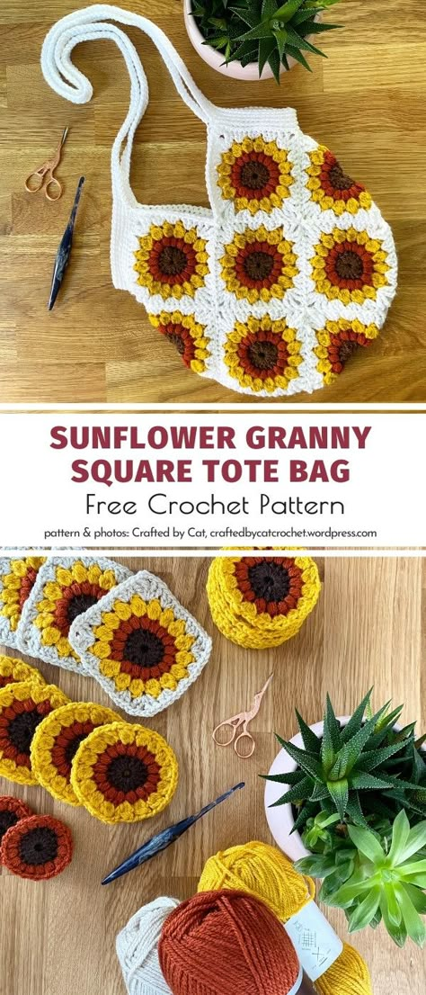 Sunflower Crochet Granny Square Pattern Free, Sunflower Granny Squares Crochet, Sunflower Granny Square Bag Pattern Free, Granny Square Sunflower Crochet Pattern, Easy Sunflower Granny Square Crochet, Crochet Patterns Using Granny Squares, Sunflower Crochet Bag Pattern, Free Crochet Sunflower Granny Square Pattern, Sun Flower Granny Square Free Pattern