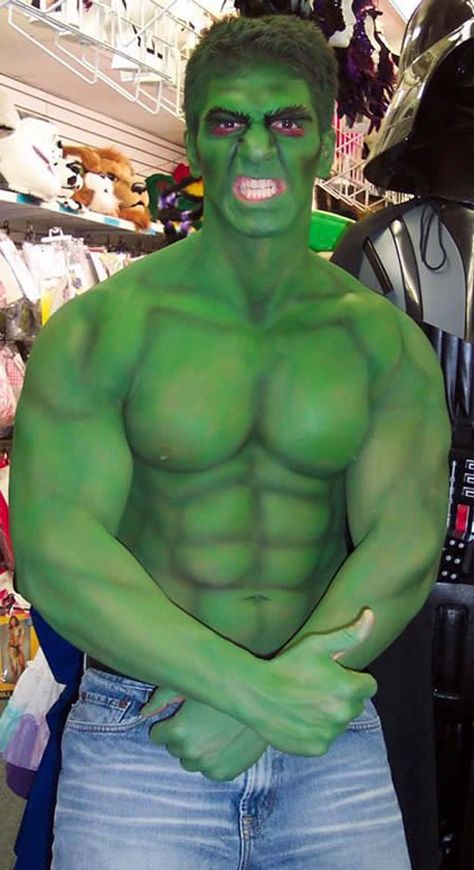 Not the most original, but maybe the guy had a fantasy. lol. E. Cline Beveridge Body Painting Men, Hulk Costume, Female Body Paintings, Best Superhero, Halloween Fancy Dress, Fantasias Halloween, Halloween Make Up, Family Halloween Costumes, Super Hero Costumes