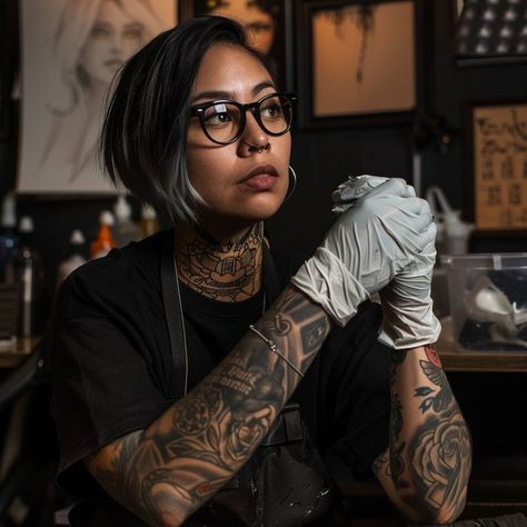 Tattoo artist in studio, wearing sterile gloves, surrounded by sketches and designs. Embodying dedication and focus. Tattoo Parlor Photoshoot, Tattooer Aesthetic, Tattoo Artist Branding, Tattoo Shop Photoshoot, Tattoo Artist Headshots, Tattoo Artist Photoshoot, Artist In Studio, Focused Expression, Tattoo Photoshoot