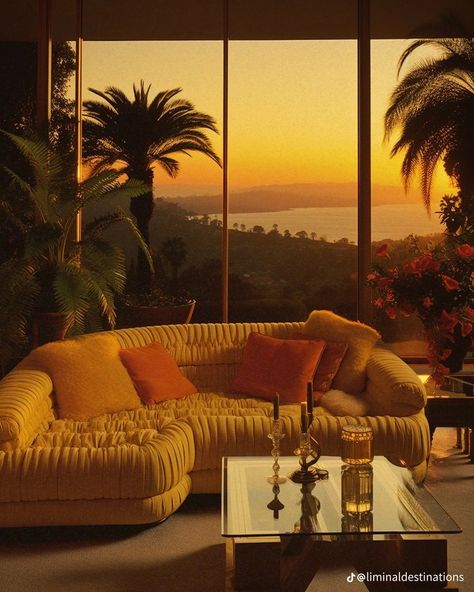 80s Beach House Aesthetic, Sunset Interior Design, 70s Apartment Aesthetic, Baddie Living Room, Old Money Interior Design, Old Money Interior, 90s Living Room, Creative Apartment, Florida Apartment