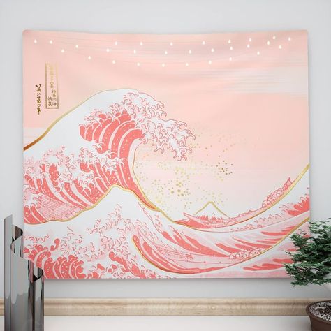 Ovenbird Wave Tapestry Pastel Pink and Gold, Japanese Tapestry for Bedroom Aesthetic, Pink Tapestry Wall Hanging, 51" X 59" Japanese Bedroom Aesthetic, Bedroom Aesthetic Pink, Wave Tapestry, Japanese Tapestry, Pink Tapestry, Light Pink Walls, Tapestry For Bedroom, Japanese Bedroom, Forest Tapestry