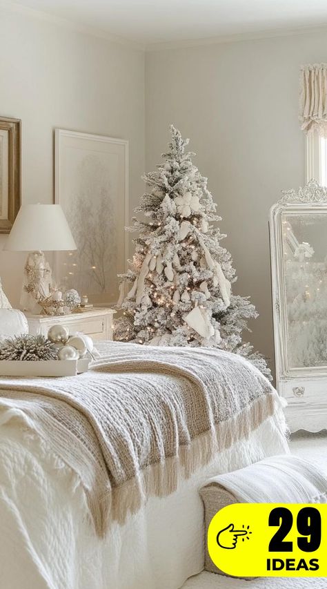 Create a Christmas oasis in your bedroom! Browse through 29 inspiring decor solutions perfect for your personal retreat. From twinkling lights to seasonal textiles, discover ways to bring holiday magic to your sleeping space. Transform your bedroom into a festive sanctuary that celebrates the season in style. White Christmas Bedroom, Cozy White Christmas, Ways To Decorate Your Bedroom, Bedroom For Christmas, Christmas Bedrooms, Christmas Bedroom Decor Ideas, Christmas Bedroom Decor, Country Winter, Christmas Door Decoration