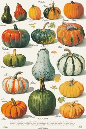 ↑↑↑ Larger size on website 🔸 The image shows a variety of pumpkins and squashes, with their names and scientific classifications  🔸 From Midjourney AI Image Pumpkin Types, Types Of Pumpkins, Pumpkin Varieties, Pumpkin Illustration, Autumn Illustration, Scientific Illustration, Fall Scents, Mushroom Art, Fall Pictures